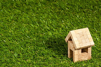Small wooden house model on green grass background