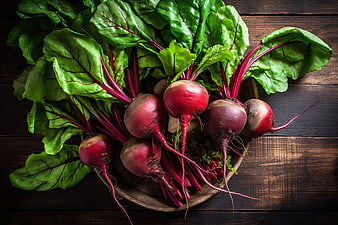 Fresh Organic Beetroots with Green Leaves on Wooden Table