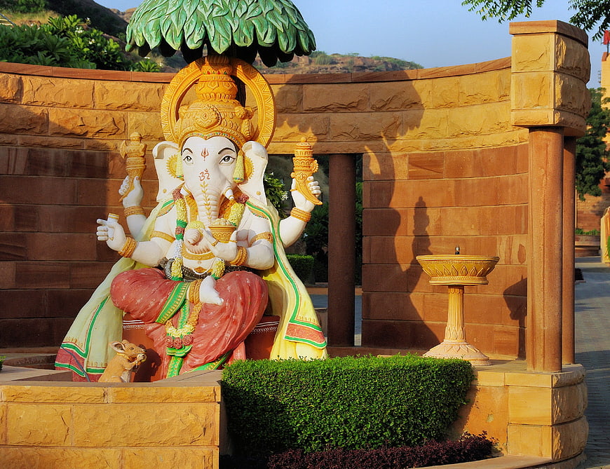 Colorful Ganesha Statue in Indian Temple Garden