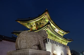 Gwanghwamun Gate and Stone Lion at Night in Seoul, South Korea