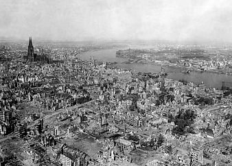 Aerial view of destroyed Cologne and Cathedral after WWII bombing