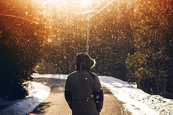Man Walking on Snowy Path in Golden Winter Sunlight