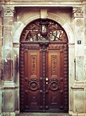 Ornate Brown Wooden Door with Stone Archway