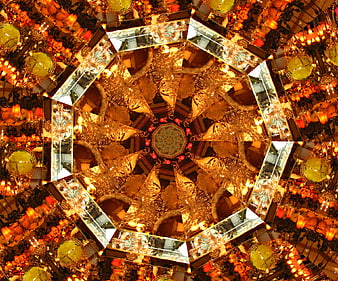 Golden kaleidoscope pattern with lanterns and mirrors
