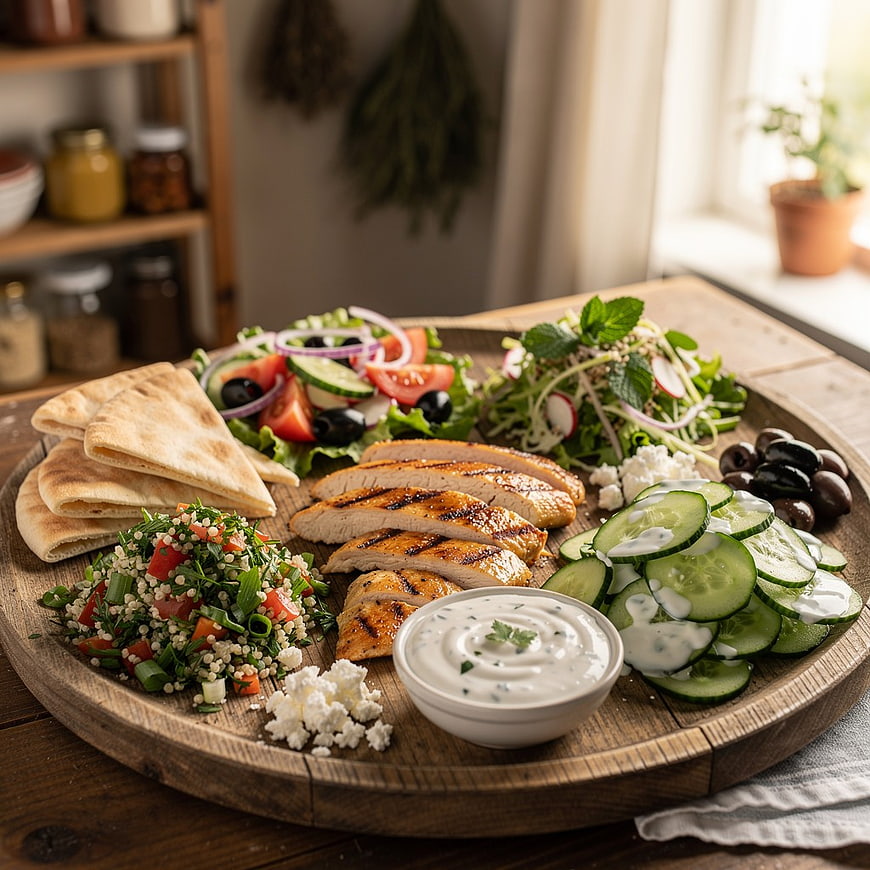 Mediterranean Grilled Chicken Platter with Salad and Pita