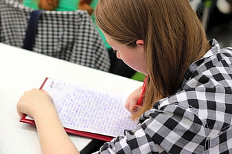 Woman Writing in Notebook at Desk