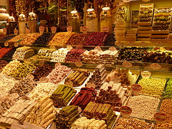Colorful Turkish Delight and Confectionery Display in Traditional Bazaar