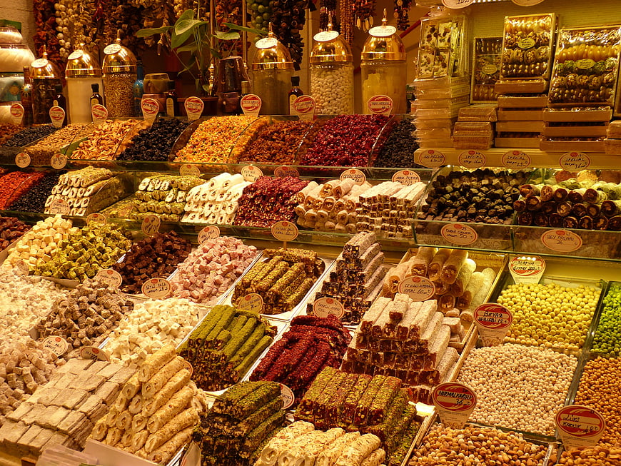 Colorful Turkish Delight and Confectionery Display in Traditional Bazaar