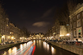 Long Exposure Night Canal Amsterdam with Light Trails