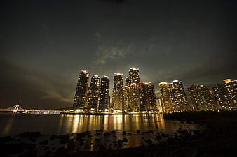 Night Skyline of Busan with Skyscrapers and Bridge Reflection