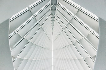 Symmetrical white architectural ceiling with geometric lines