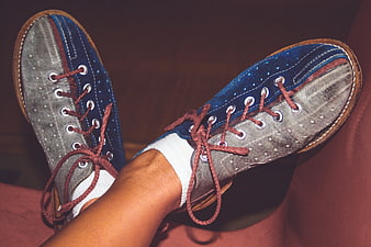 Vintage Blue and Grey Bowling Shoes on Feet
