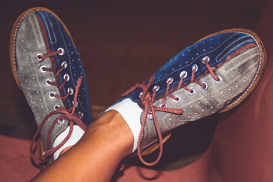 Vintage Blue and Grey Bowling Shoes on Feet