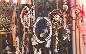 Handmade Dreamcatchers with Feathers Hanging in Shop Window