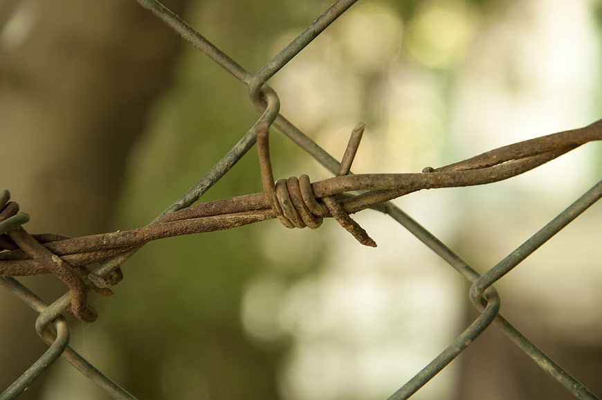 Close-up of rusty barbed wire on chain link fence