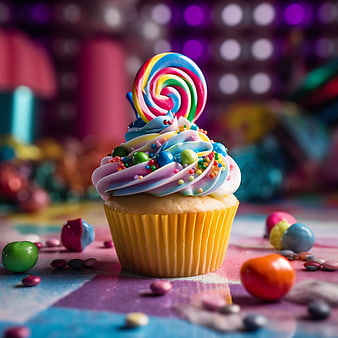 Colorful Cupcake with Rainbow Lollipop and Sprinkles