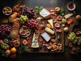 Overhead view of gourmet charcuterie board with cheese, meats, and fruit
