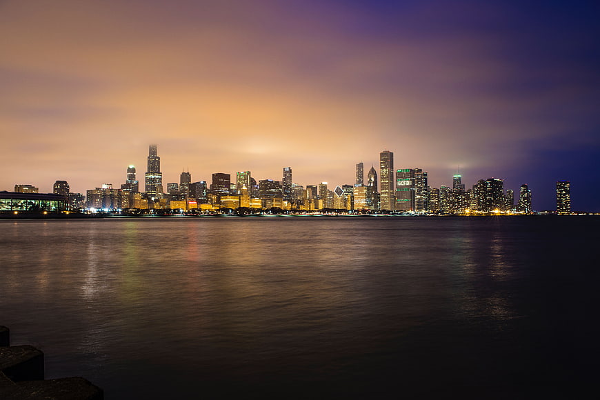 Chicago Skyline at Night with Lake Michigan Reflections