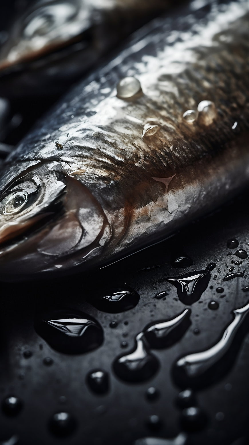 Close-up of fresh raw fish with water droplets on dark surface