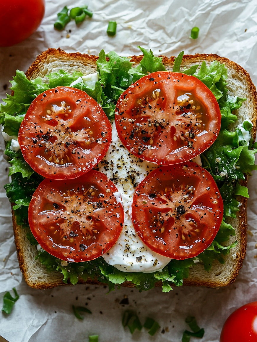 Overhead view of fresh tomato and lettuce sandwich on toast