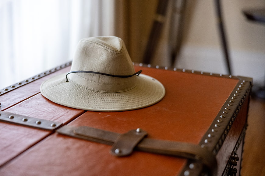 Vintage Safari Hat on Leather Trunk