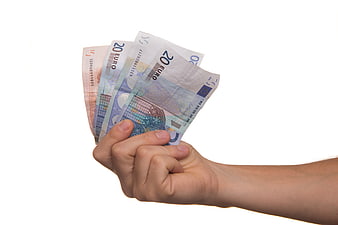 Hand Holding Euro Banknotes Against White Background