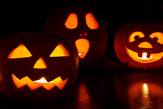 Three Glowing Carved Halloween Jack-O-Lanterns In Dark Setting