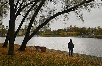 Lone figure standing by river in autumn park