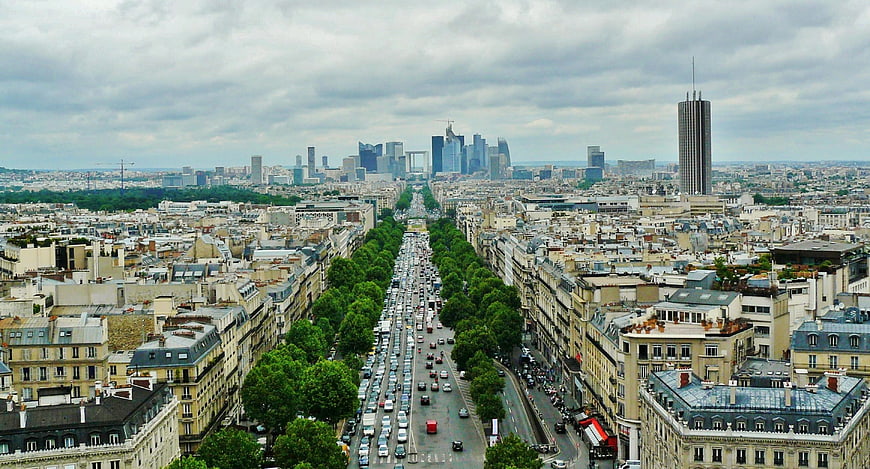 Aerial View of Paris Boulevard Leading to La Defense Skyline