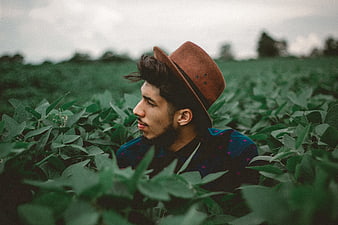 Man in Fedora Hat Sitting in Green Soybean Field