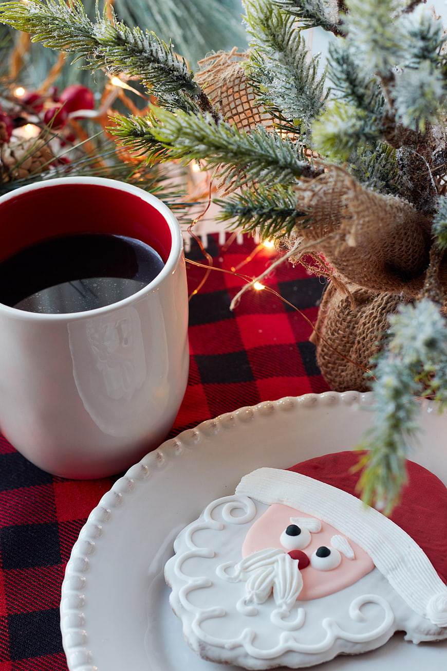 Santa Cookie and Coffee on Plaid Tablecloth