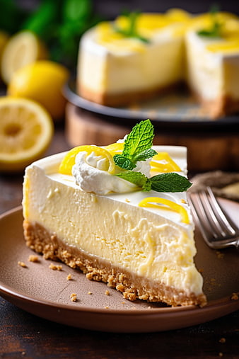 Delicious Lemon Cheesecake Slice with Mint Garnish