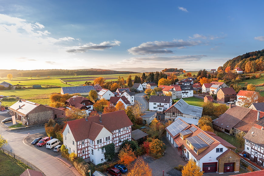Aerial View of Picturesque European Village in Autumn
