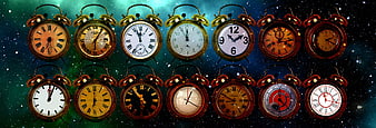 Collection of vintage alarm clocks against a starry space background