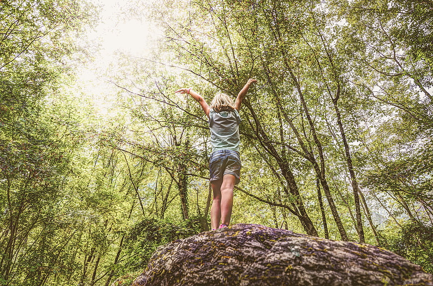 Young woman standing on rock in forest with arms raised