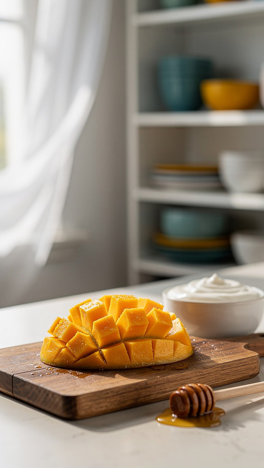 Fresh Diced Mango with Honey and Cream on Wooden Board