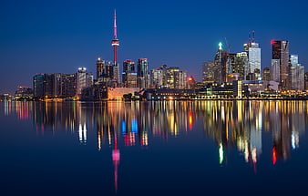 Toronto Skyline Night Reflections with CN Tower