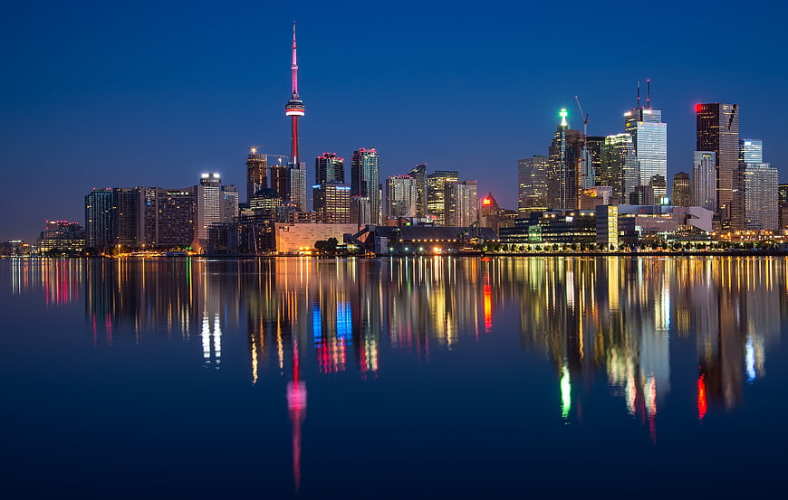 Toronto Skyline Night Reflections with CN Tower