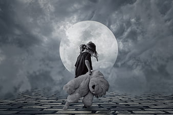 Child dragging teddy bear under giant full moon