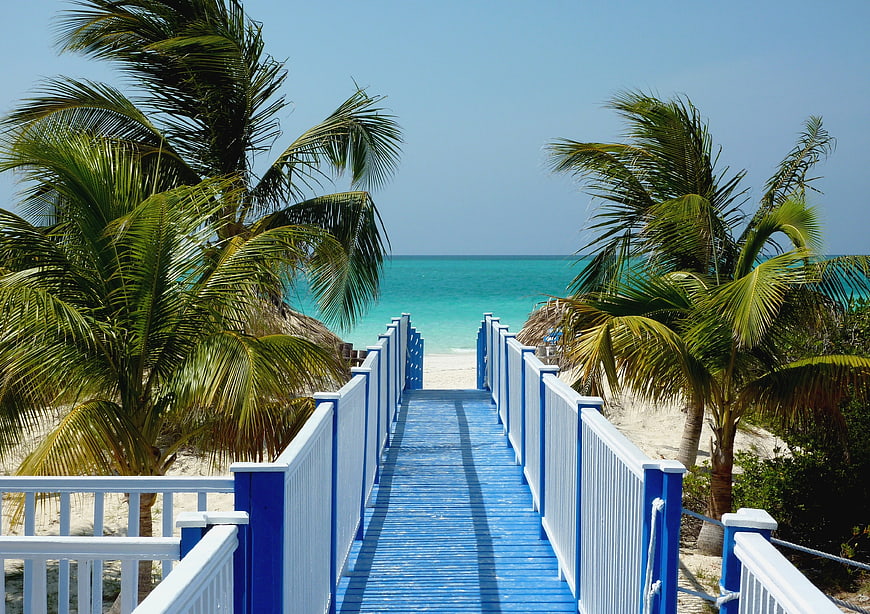 Blue Boardwalk Leading To Turquoise Caribbean Beach With Palm Trees