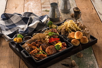 Rustic BBQ Platter with Steak, Shrimp, Fries, and Buns
