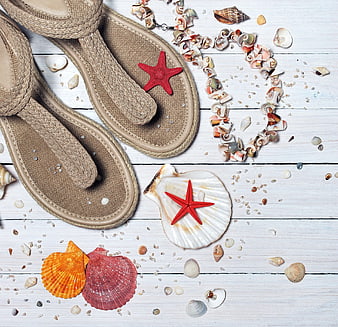 Summer Beach Vacation Flat Lay with Sandals and Seashells