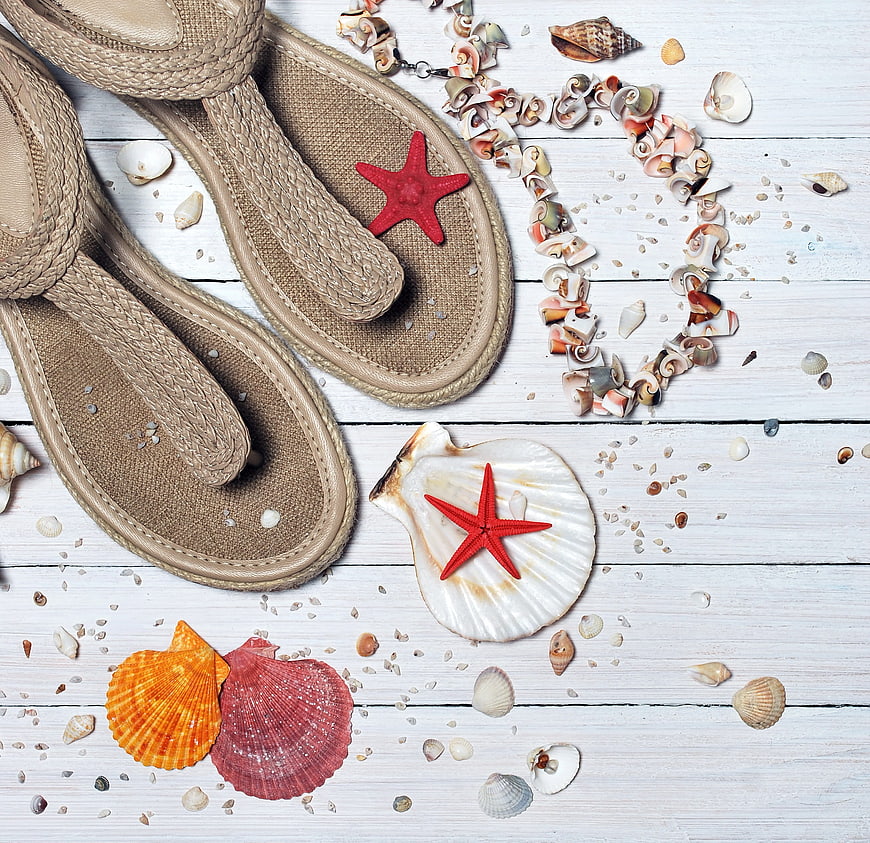 Summer Beach Vacation Flat Lay with Sandals and Seashells