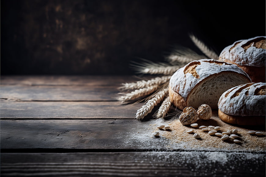 Rustic Artisan Bread Loaves with Wheat on Dark Wood