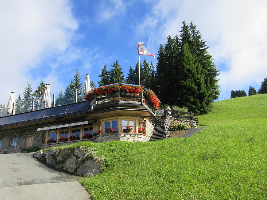 Alpine mountain hut with red flowers and Austrian flag
