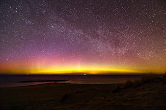 Milky Way Galaxy and Aurora Borealis Over a Dark Beach at Night