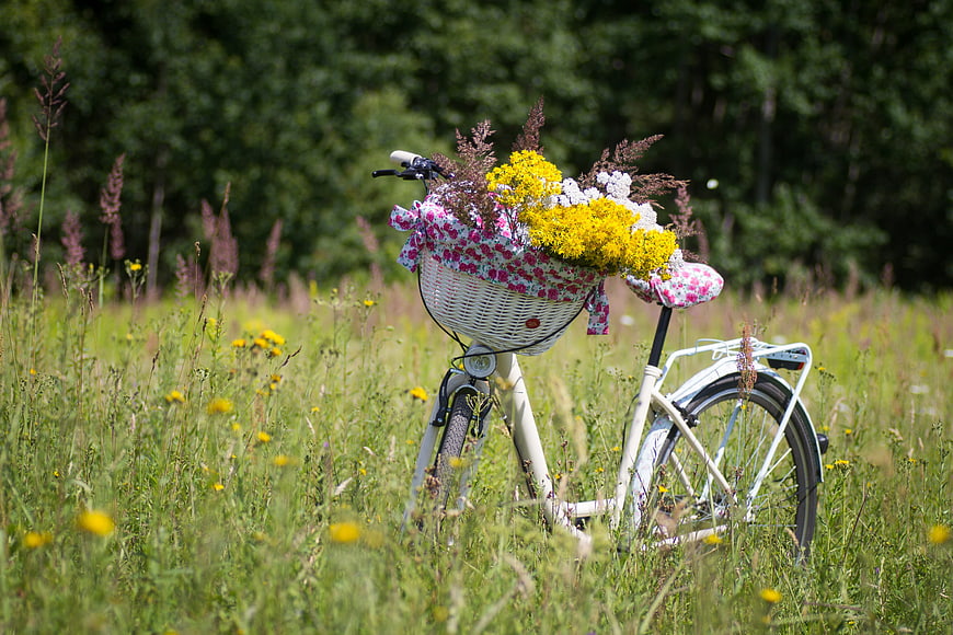 White bicycle with floral basket in a sunny summer meadow