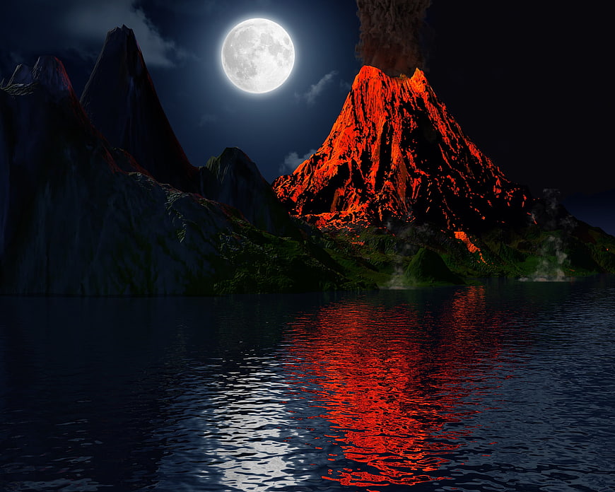 Dramatic Volcanic Eruption on Island at Night with Full Moon