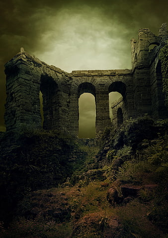 Dramatic Dark Castle Ruins Under Stormy Sky