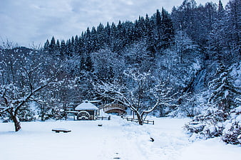 Snowy Japanese Landscape With Thatched Roof House And Arched Bridge